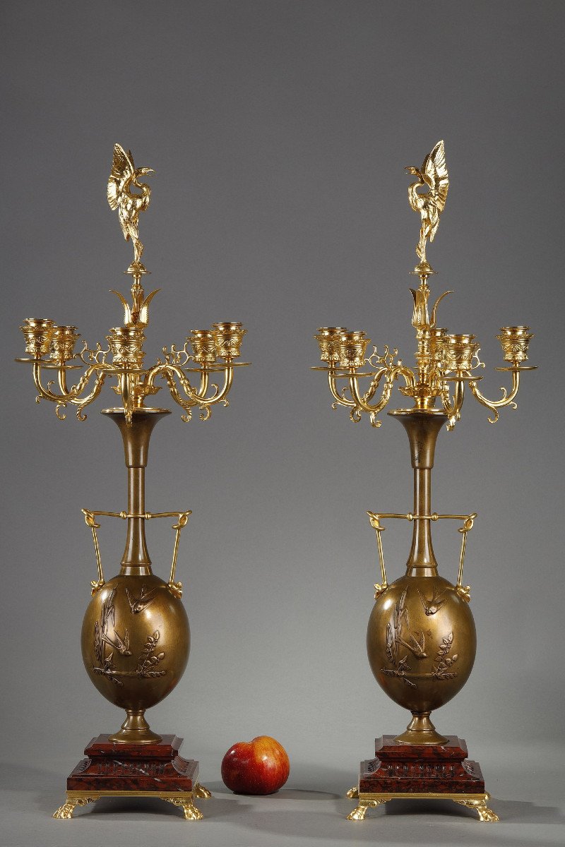 Pair Of Candelabra In Patinated Bronze And Gilt Bronze-photo-4