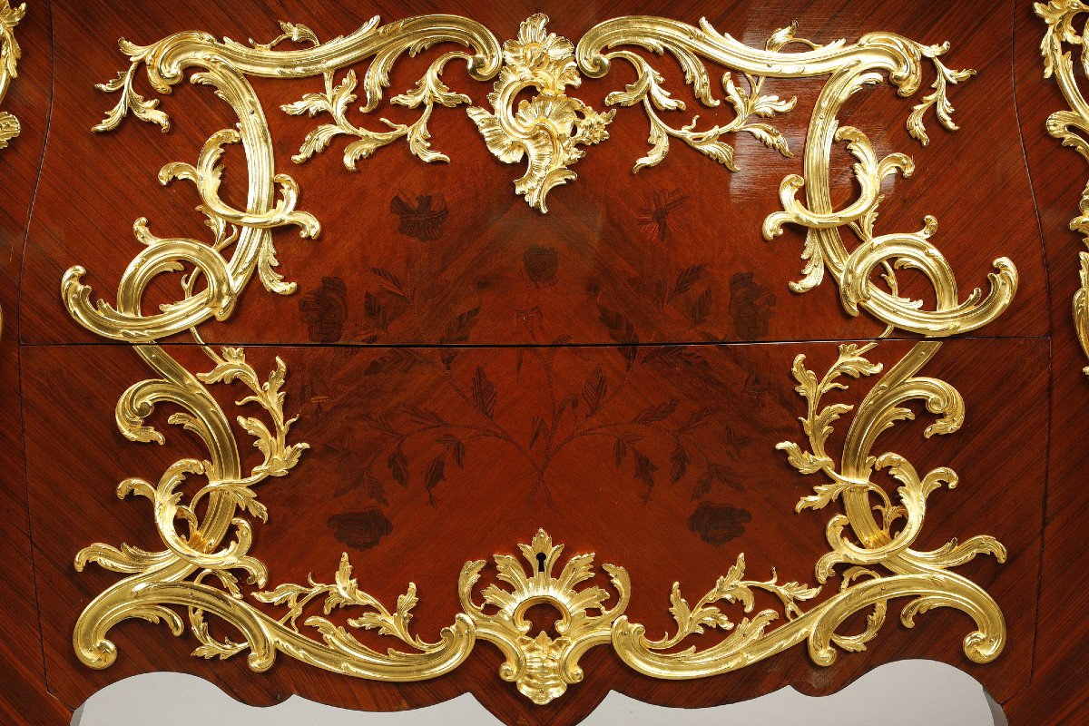 Louis XV Style Curved Commode With Marquetry And Gilt Bronze Decor-photo-4