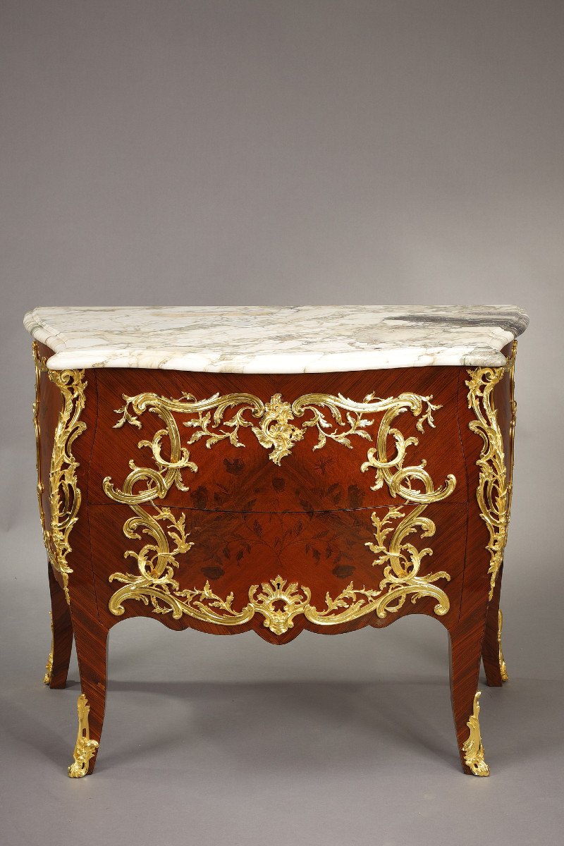 Louis XV Style Curved Commode With Marquetry And Gilt Bronze Decor