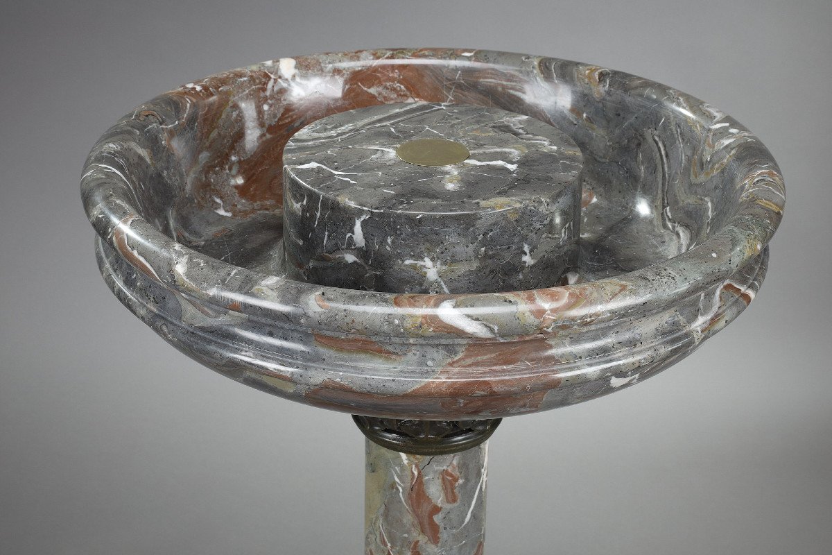 Gray And Red Marble Birdbath With Bronze Decor-photo-2