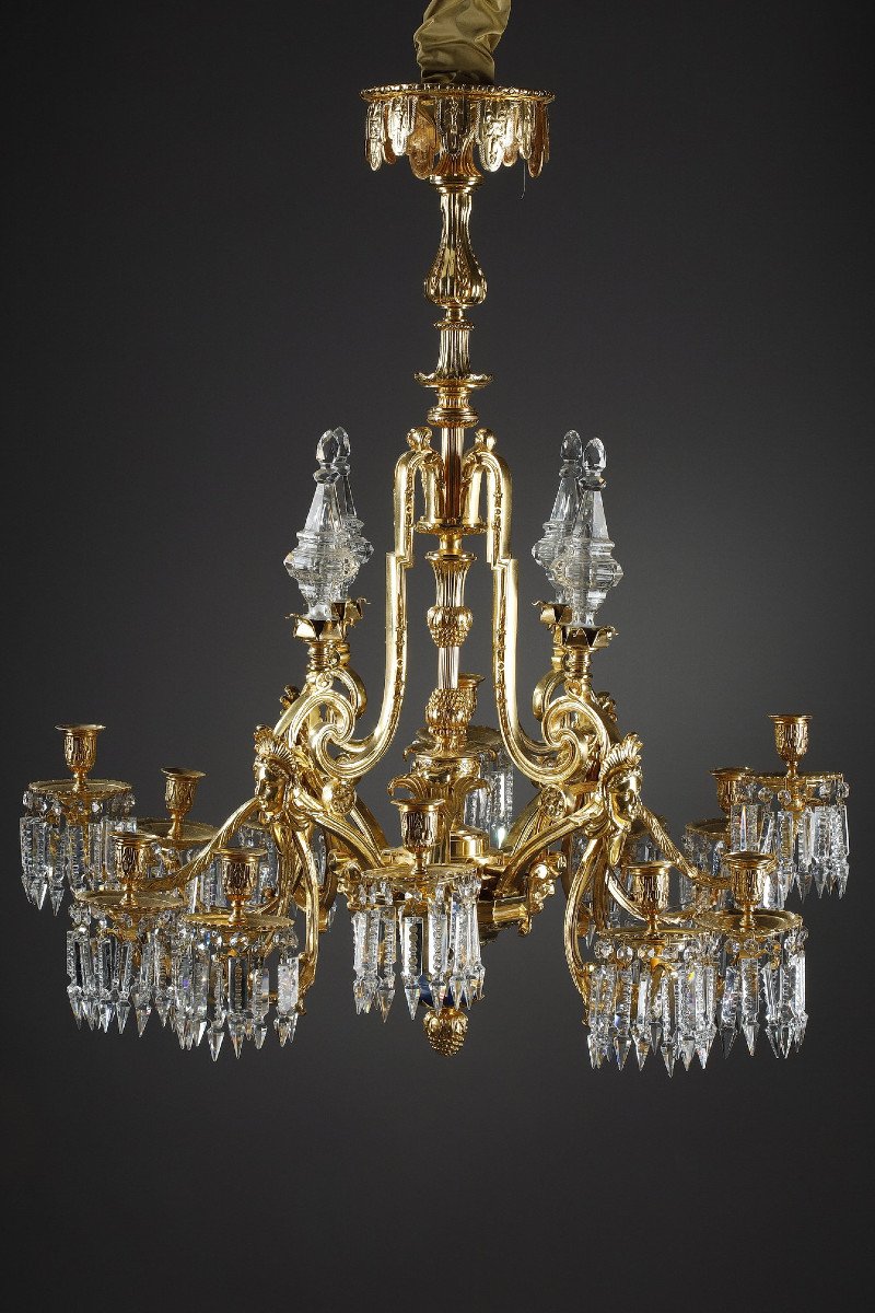 Important Chandelier Decorated With Masks In Gilt Bronze And Crystal-photo-3