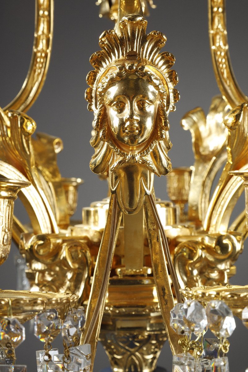 Important Chandelier Decorated With Masks In Gilt Bronze And Crystal-photo-8