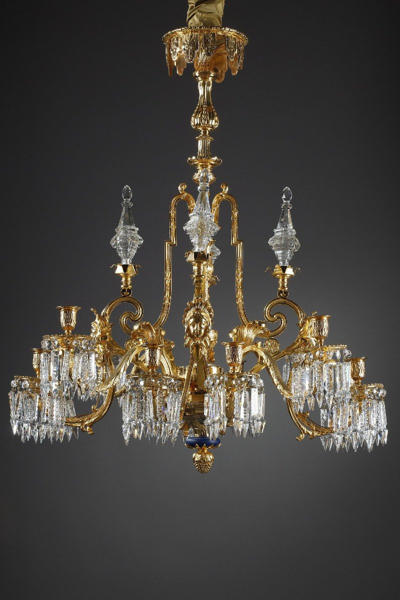 Important Chandelier Decorated With Masks In Gilt Bronze And Crystal