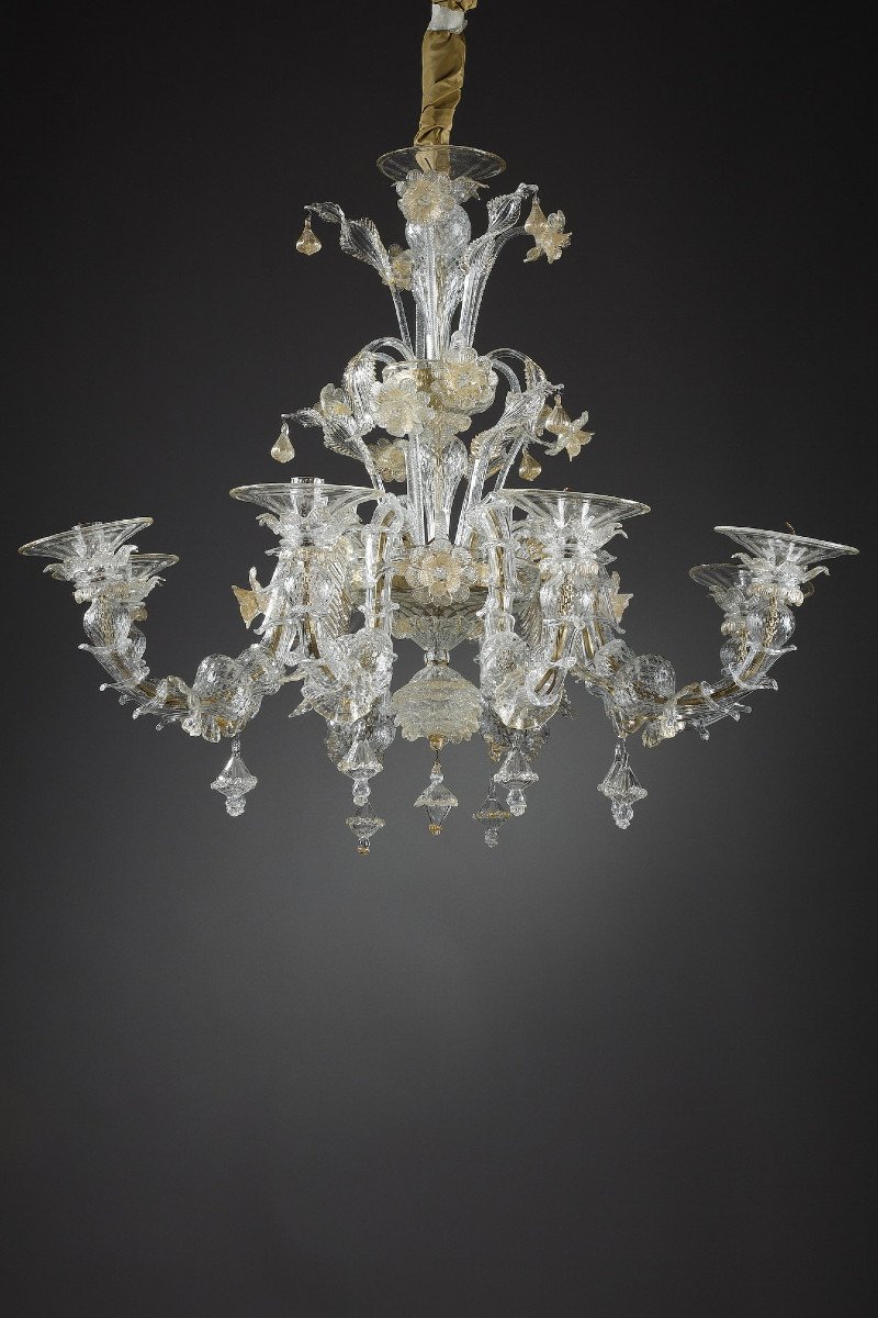 Large Murano Glass Chandelier With 8 Arms Of Light Decorated With Gold-photo-2