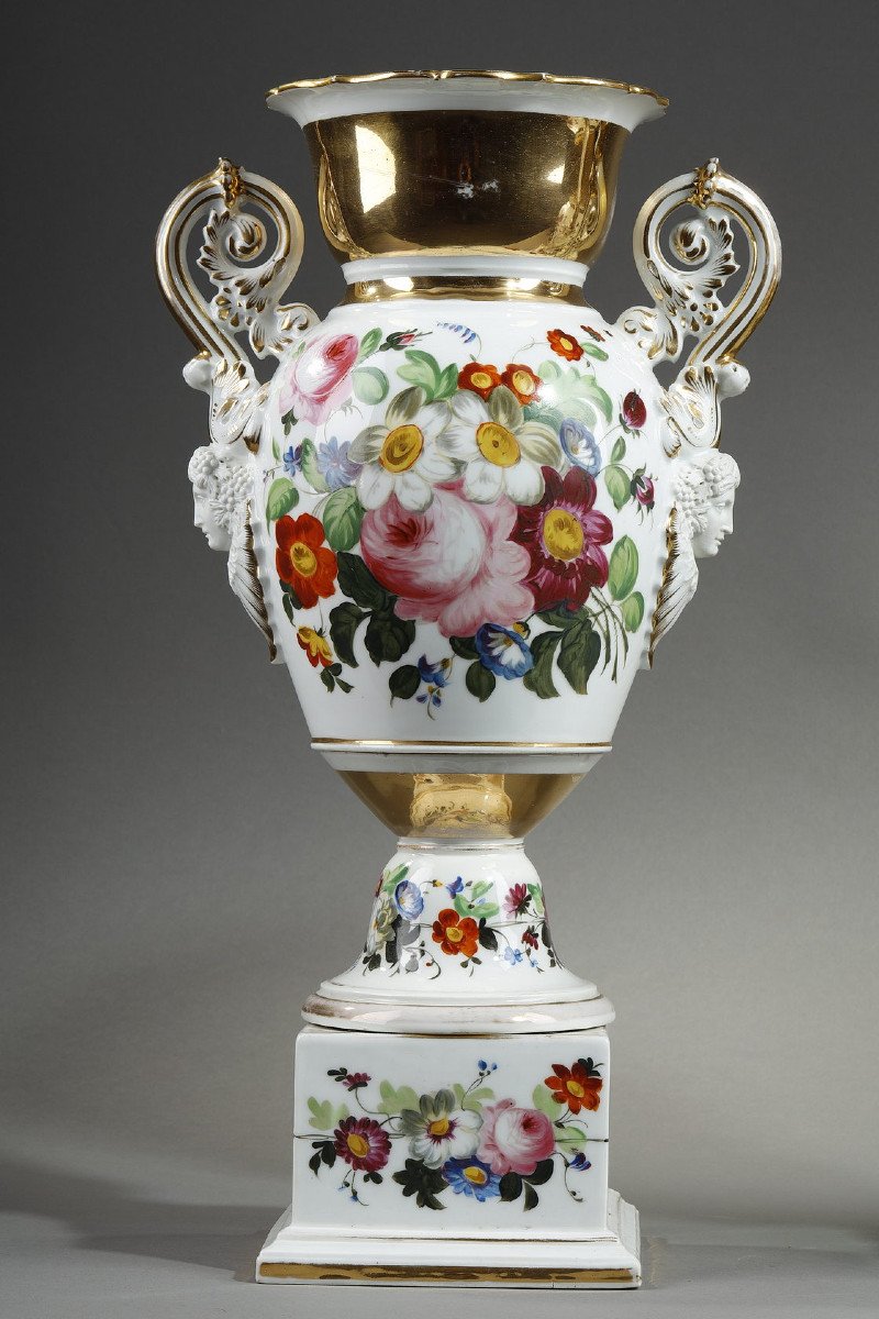 Pair Of Paris Porcelain Vase With Floral Decor-photo-3