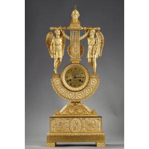 Lyre Clock In Gilt Bronze With Bust Of Homer, Empire Period