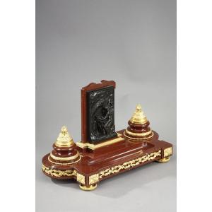 Inkwell In Cherry Red Marble And Gilt Bronze, And "allegory Of Writing', Signed H.chapu