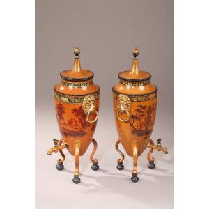 Rare Pair Of Drink Fountains With Camaïeu Decor