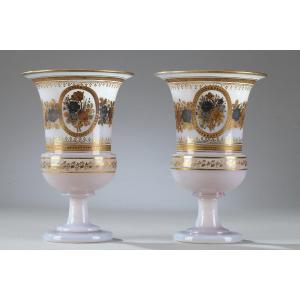 Pair Of Medici Opaline Vases With Desvignes Decor