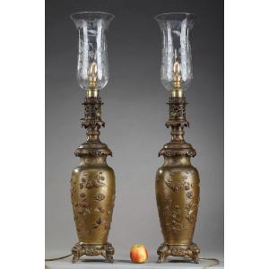 Pair Of Antique Oil Lamps Decorated With Birds And Flowers In The Chinese Style
