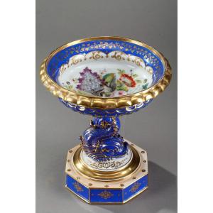 Présentoir Ancien à Dauphin En Porcelaine Polychrome Et Or, 19ème Siècle