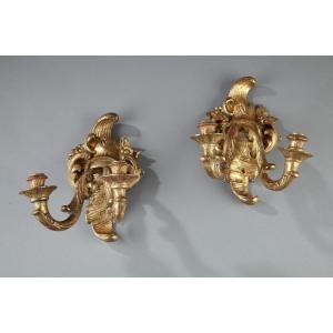 Antique Wall Lamps With 2 Lights In Golden Wood, Louis XV Period