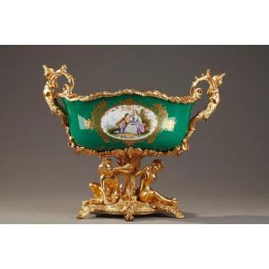 Antique Porcelain And Gilt Bronze Planter Decorated With Gallant Couples