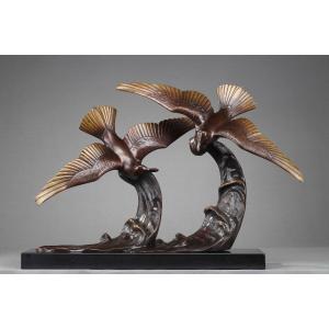 Bronze Proof "two Seagulls On A Wave" By Enrique Molins