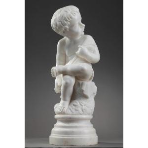 Sculpture En Marbre Blanc "putto Aux épis De Blé"