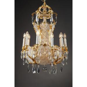 Basket Chandelier In Crystal And Gilt Bronze, Late 19th Century