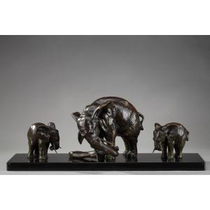 Sculpture Bronze "éléphant Et Ses Deux éléphanteaux" d'Ulisse Caputo (1872-1948)