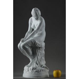 Large Biscuit, “bather With Swallows” By Auguste Joseph Peiffer