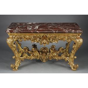 Important Rectangular Console In Richly Carved And Gilded Wood