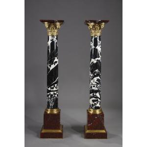 Pair Of Large Antique Marble Columns And Gilt Bronze Capitals