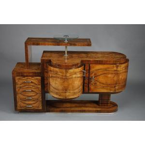 Important Art Deco Bar Cabinet In Walnut Veneer 