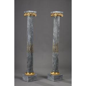 Pair Of Marble Columns, Fluted, Serrated And With Ionic Capitals