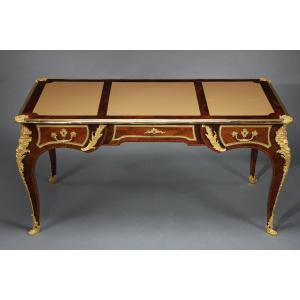 Louis XV Style Bureau Plat In Marquetry And Rich Gilt Bronze Frame