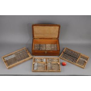 Silver Cutlery Set In An Oak Chest By Alfonse Debain Goldsmith In Paris