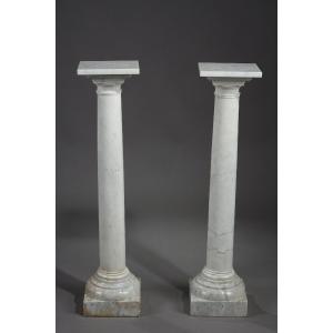 Pair Of White Marble Columns, Late 19th Century 