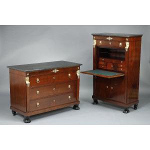 Consulate Chest Of Drawers & Secretary In Mahogany And Mahogany Veneer