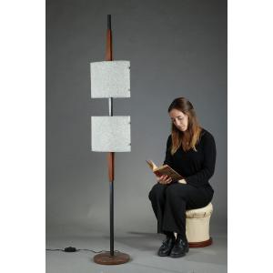 Scandinavian Floor Lamp In Black Lacquered Steel And Teak With Two Granite Perspex Diffusers