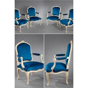 Quatre Fauteuils En Velours Bleu Canard d'époque Louis XV