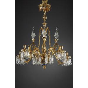 Important Chandelier Decorated With Masks In Gilt Bronze And Crystal