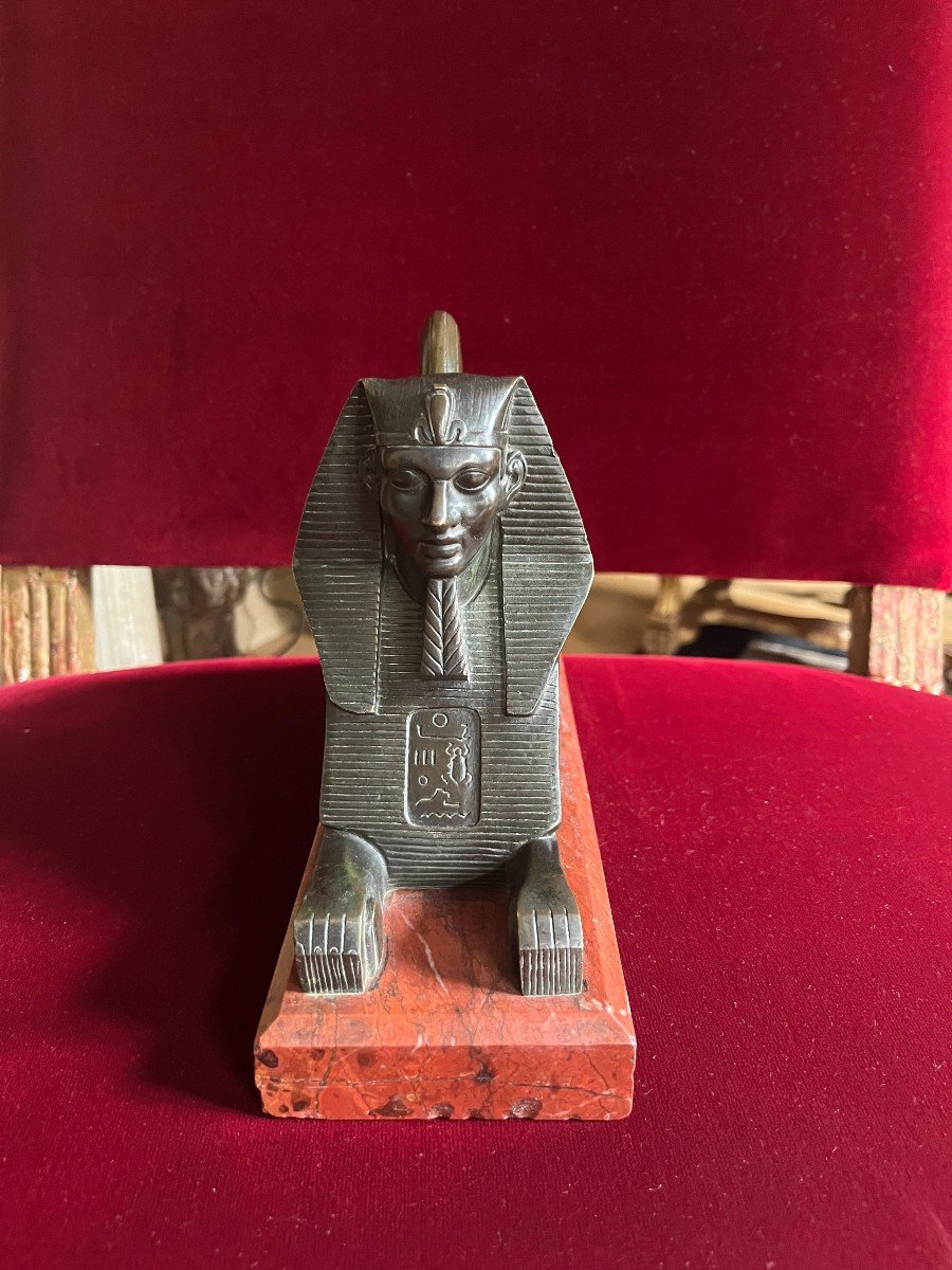 Bronze Sphinx On Red Marble Base-photo-3