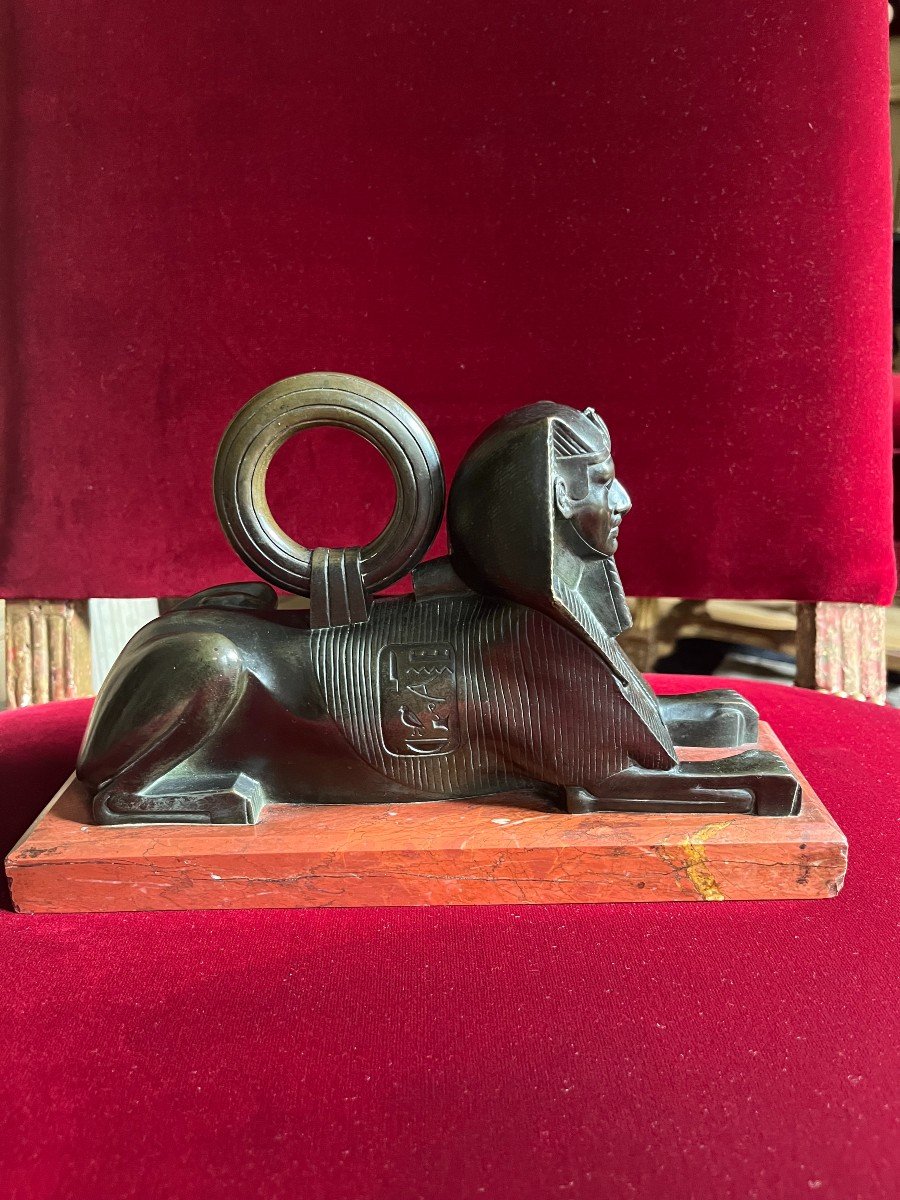 Bronze Sphinx On Red Marble Base-photo-4