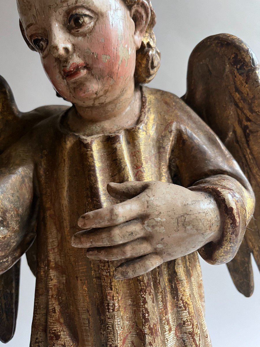 18th Century Gilded And Polychrome Wooden Angel Sculpture-photo-3