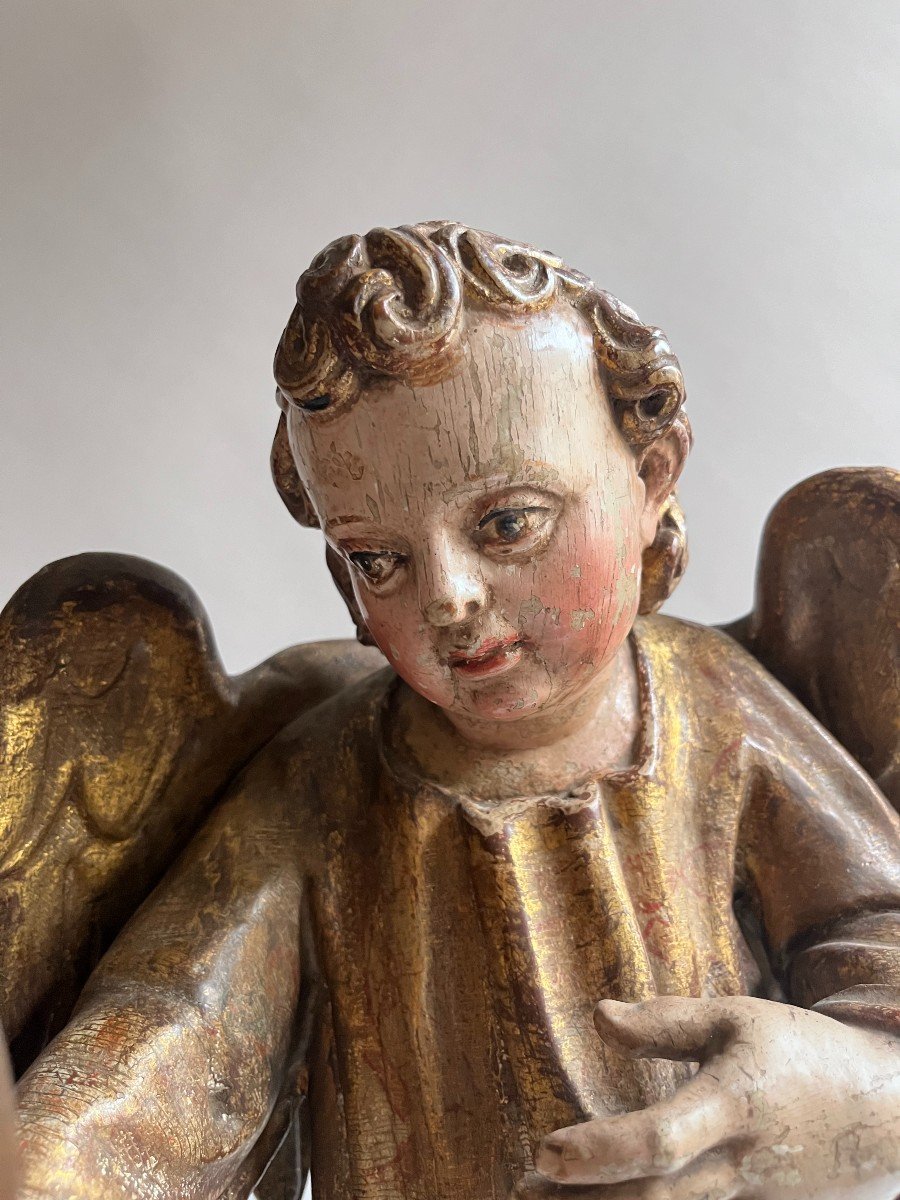 18th Century Gilded And Polychrome Wooden Angel Sculpture-photo-4