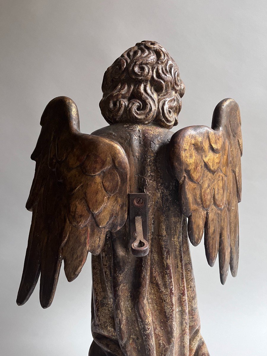 18th Century Gilded And Polychrome Wooden Angel Sculpture-photo-2