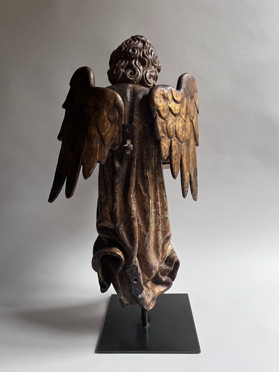 18th Century Gilded And Polychrome Wooden Angel Sculpture-photo-3