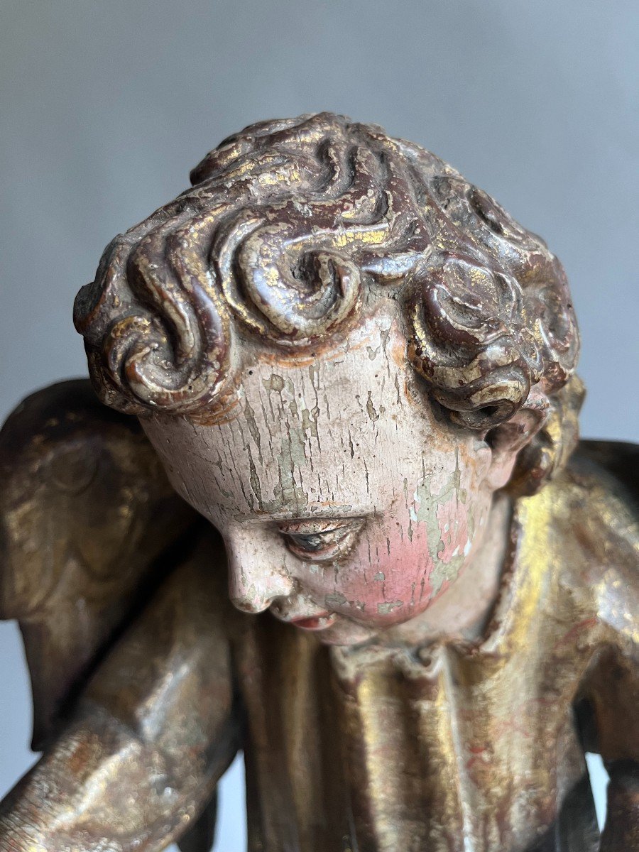 18th Century Gilded And Polychrome Wooden Angel Sculpture-photo-4