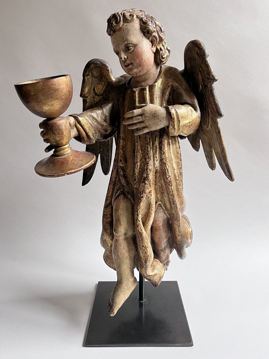 18th Century Gilded And Polychrome Wooden Angel Sculpture