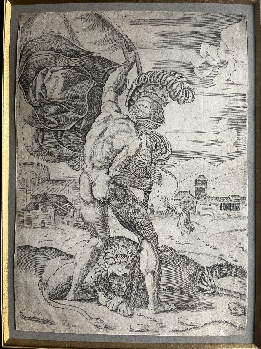 Burin l'Homme Au Drapeau Veneziano Agostino (1490-1540)