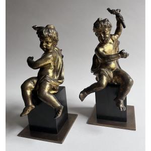 Pair Of Putti In Gilt Bronze