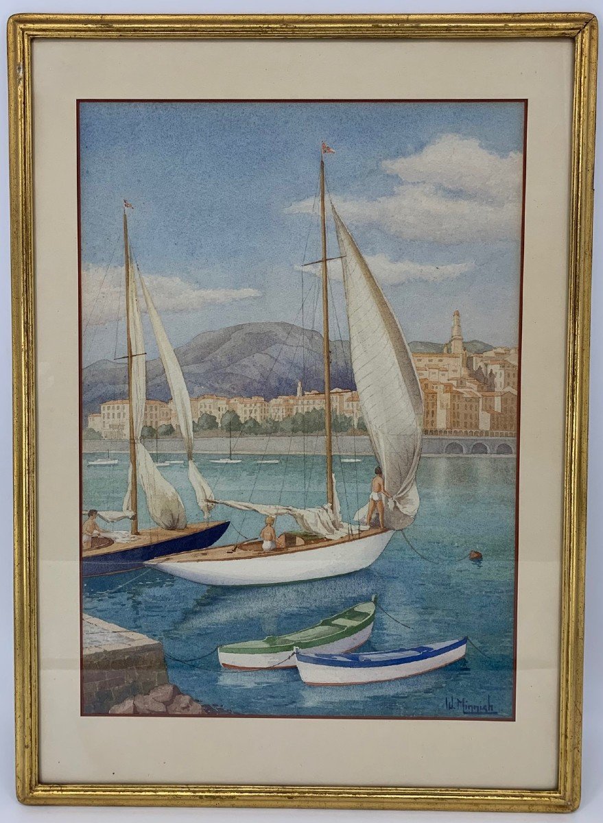 Watercolor, The Port Of Yachts In Menton - 1955 "w. Minnigh 1886 -?"