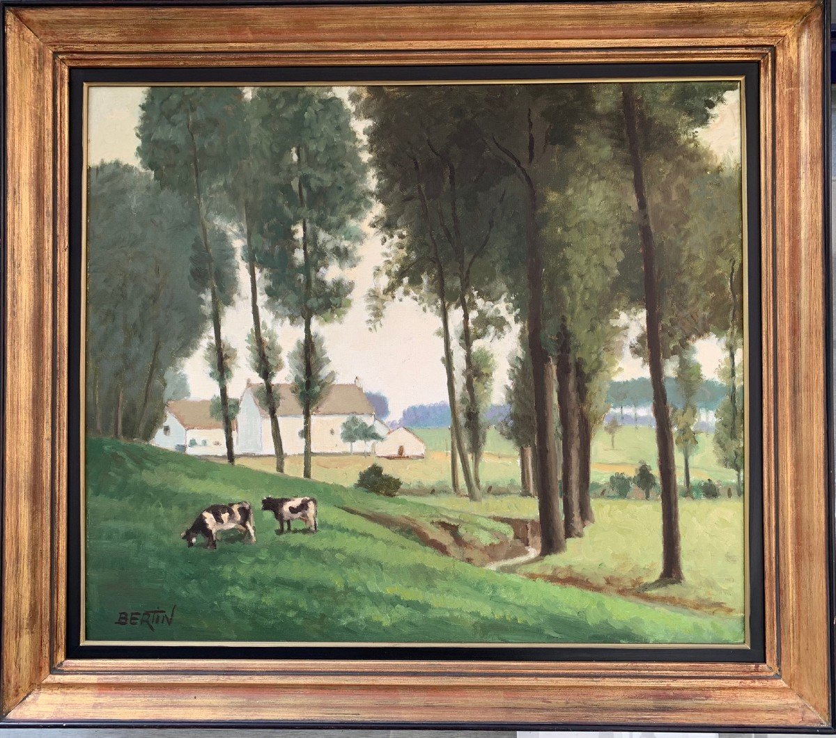 Landscape Of Hainaut With Cows By Bertin (?) Circa 1930