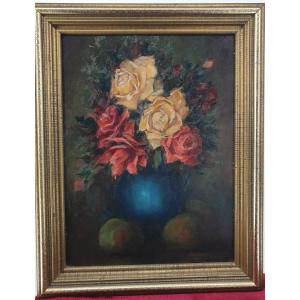 Marcel Keuterickx (1909-?) Bouquet Of Roses With Apples