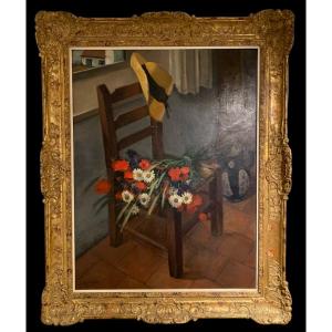 Still Life With A Chair And A Bouquet Of Spring Flowers (charles Lebon 1906-1957)