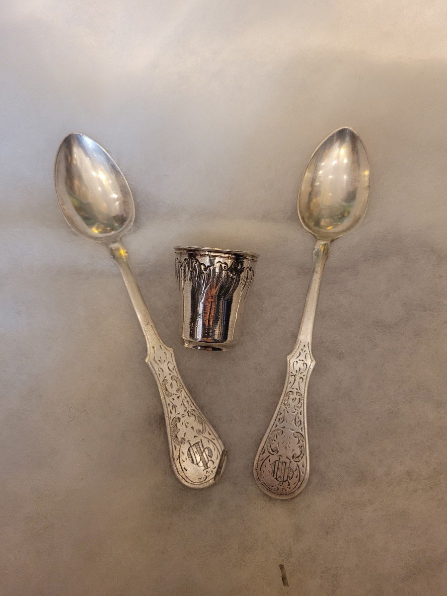 Set Of 2 Silver Spoons And A Cup