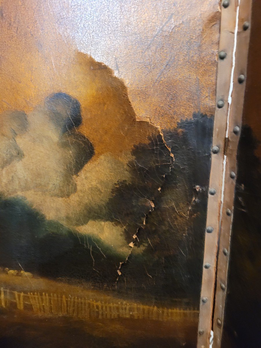 4 Panel Screen In Painted Leather 19th Century -photo-1