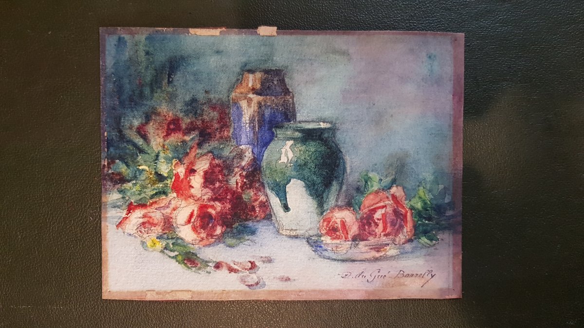 Charmante Aquarelle Sur Carton Nature Morte Double Face  De M Du Gué Bourelly 